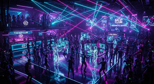 Neon cyan and magenta lights illuminate a futuristic club lounge